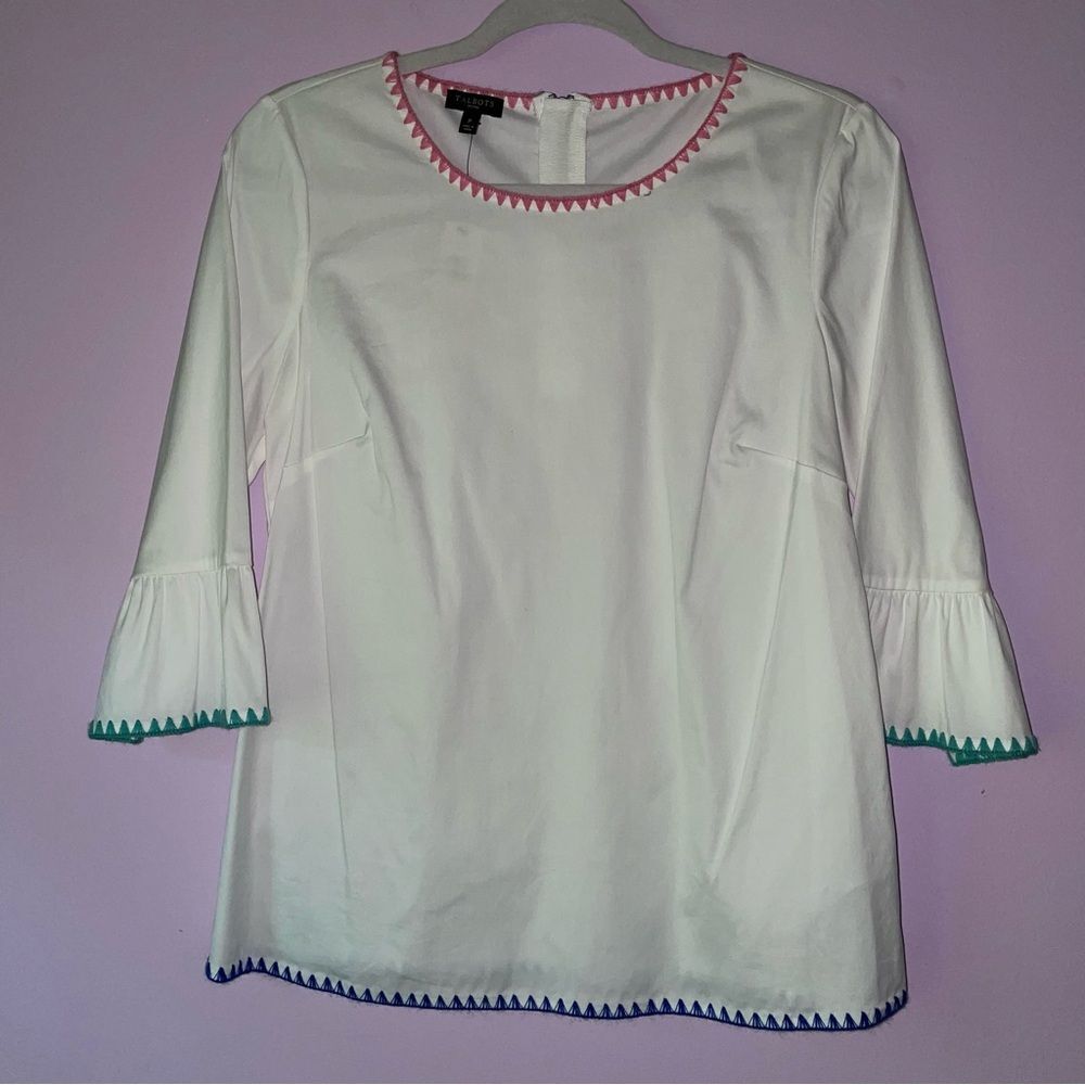 NEW Talbots Size SP White Tunic Blouse Top Half Sleeve Ruffle Coastal Preppy